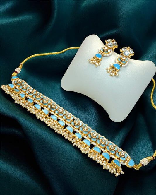 Ranya رانية Paachi Kundan Choker Set in Sky Blue- 22k Gold Plated