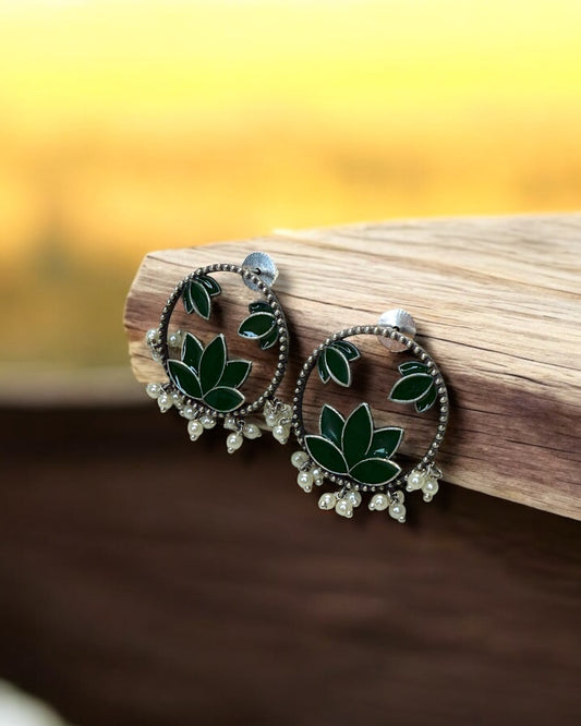 Lotus कमल Hand-Painted Oxidized Earrings in Green