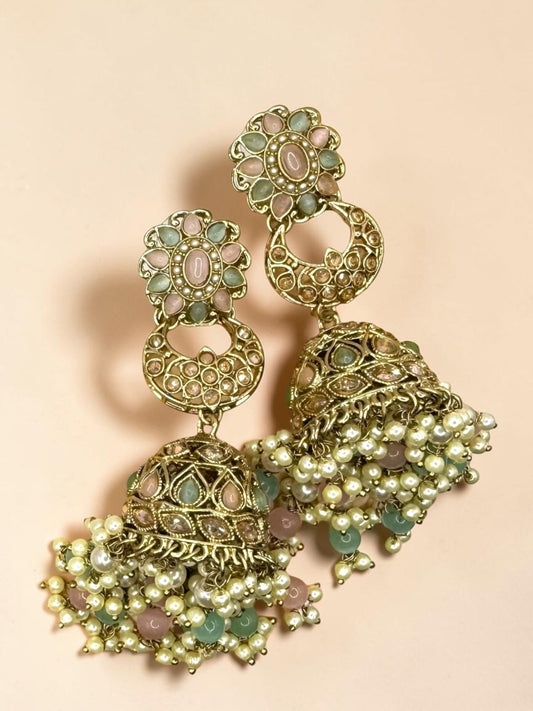 Deepa दीपा Jhumkay Earrings in Pink and Mint