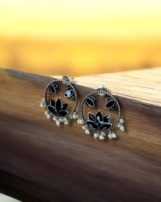 Lotus कमल Hand-Painted Oxidized Earrings in Black