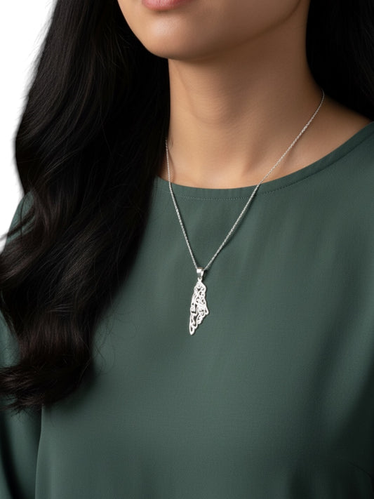 Palestine Map Necklace with “Palestine” in Arabic Calligraphy in Silver - Stainless Steel - Palestine Collection