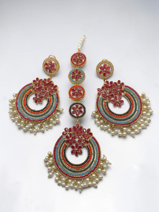 Ranjini रंजिनी Naurathan Earring & Tika Set in Ruby