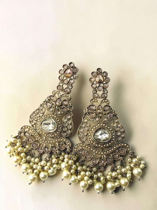 Rishika ऋषिका Polki Kundan Earrings in Gold Pearls