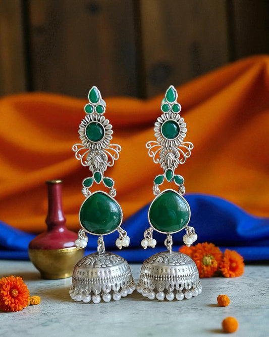 Nitya नित्य Silver Plated Jhumkay in Green