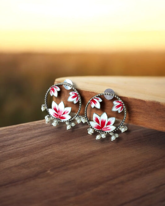 Lotus कमल Hand-Painted Oxidized Earrings in White & Pink