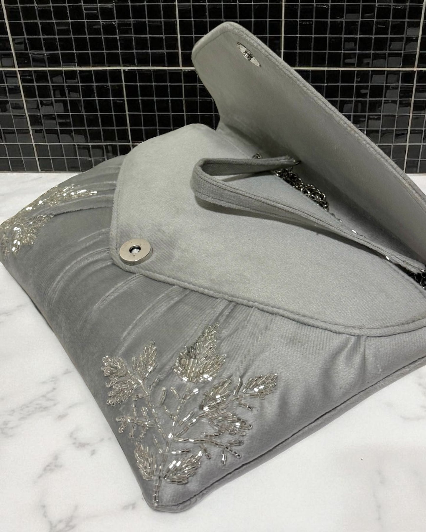 Jawhara جوهرة Beaded Velvet Bag in Grey