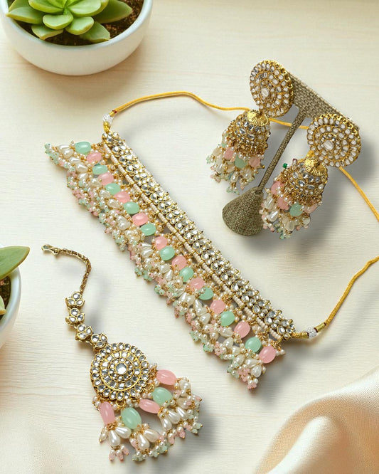 Soniya सोनिया Kundan Choker Set in Pastel Pink & Mint