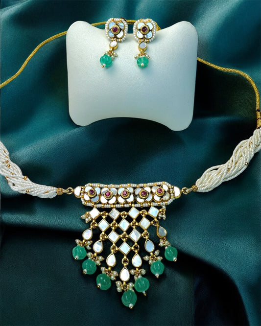 Samira سميرة Opal Paachi Kundan Choker Set in Mint & Ruby - 22k Gold Plated