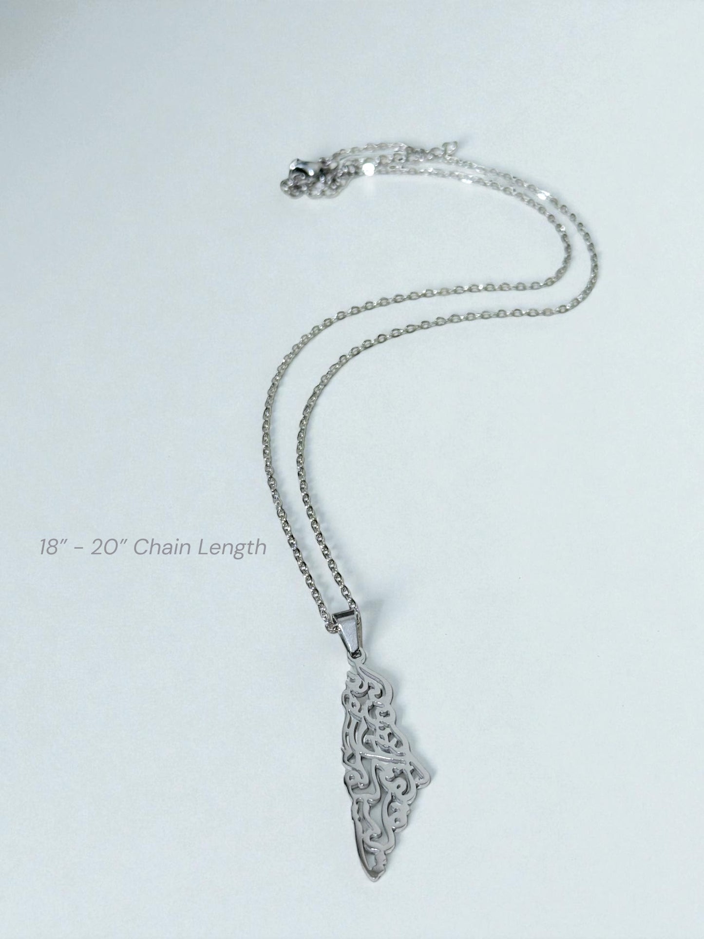Palestine Map Necklace with “Palestine” in Arabic Calligraphy in Silver - Stainless Steel - Palestine Collection