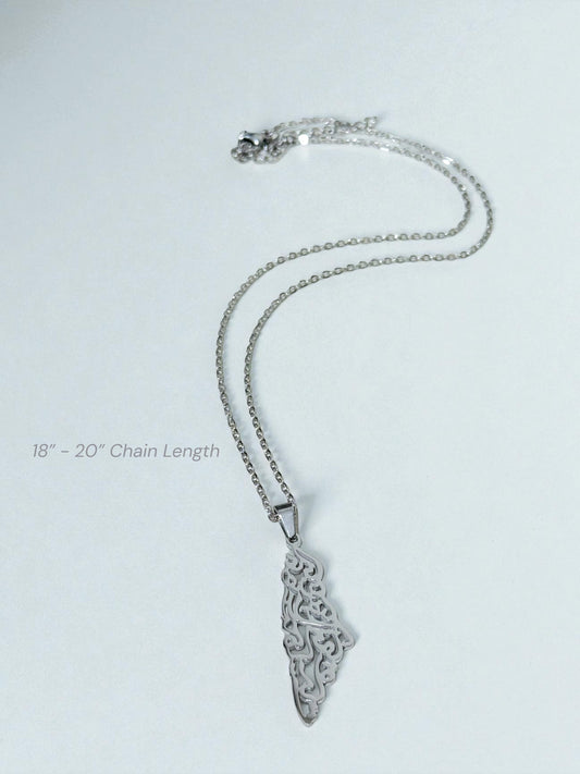 Palestine Map Necklace with “Palestine” in Arabic Calligraphy in Silver - Stainless Steel - Palestine Collection