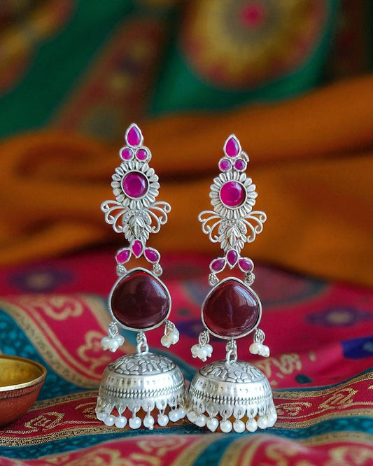 Nitya नित्य Silver Plated Jhumkay in Hot Pink