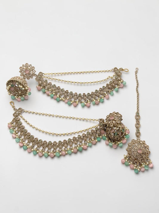 Avisha अविशा Polki Jhumkay Saharay in Pink and Mint