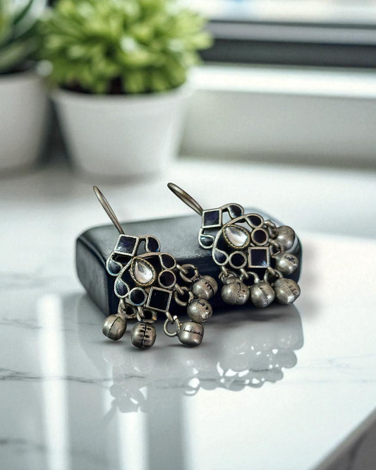 Ishani इशानी Meenakari Kundan Oxidized Earrings in Navy Blue