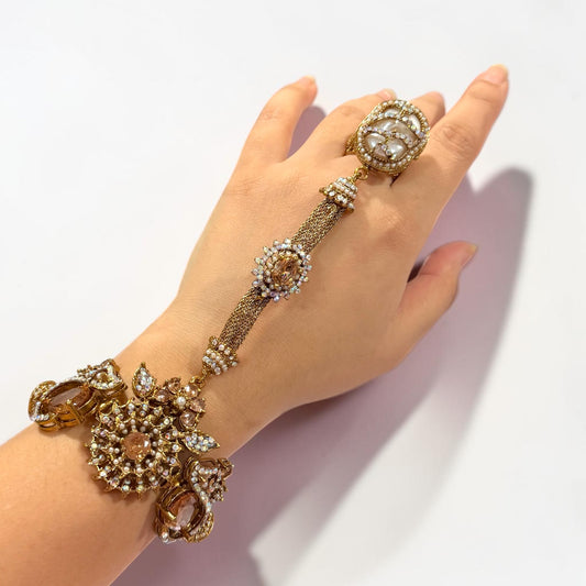 Gülizar Turkish Hand Chain in Gold Pearl with Adjustable Ring and Bracelet