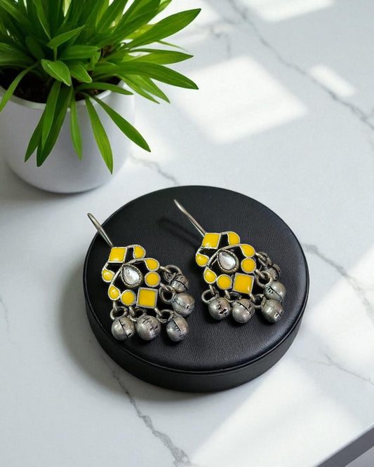 Ishani इशानी Meenakari Kundan Oxidized Earrings in Yellow