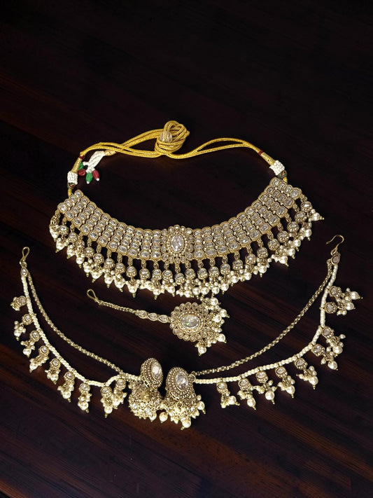 Ghina غنى Polki Bridal Set in Gold with White Stones