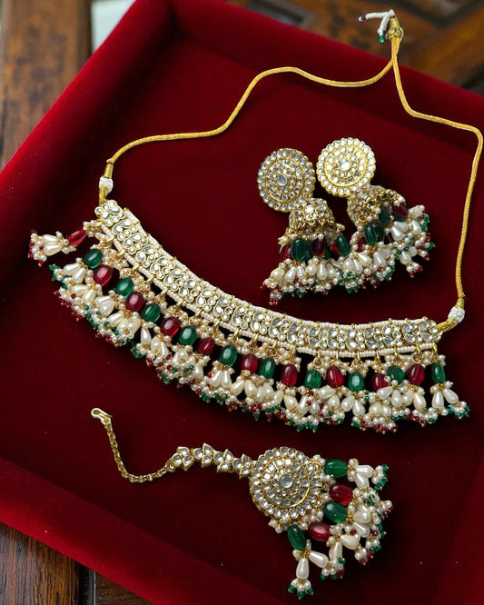 Soniya सोनिया Kundan Choker Set in Red & Green