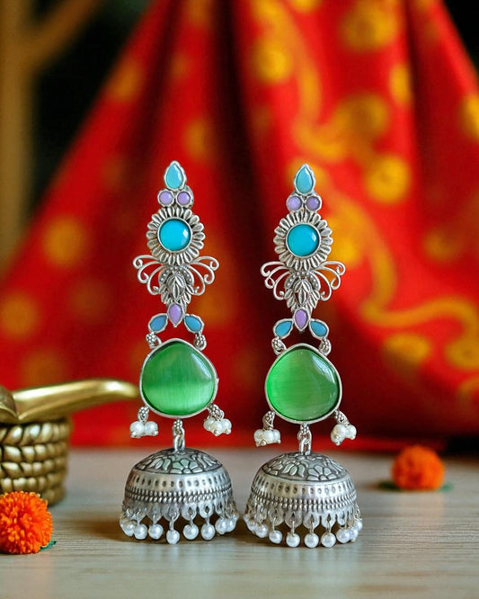 Nitya नित्य Silver Plated Jhumkay in Multicolor