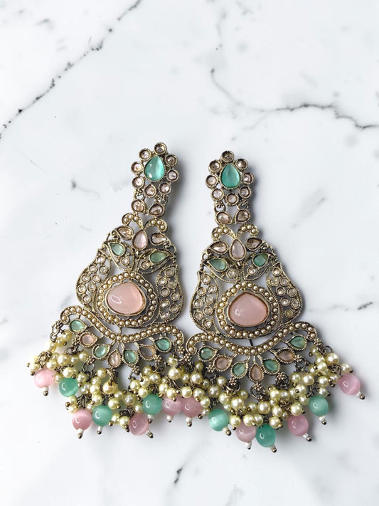 Rishika ऋषिका Polki Kundan Earrings in Pink and Mint