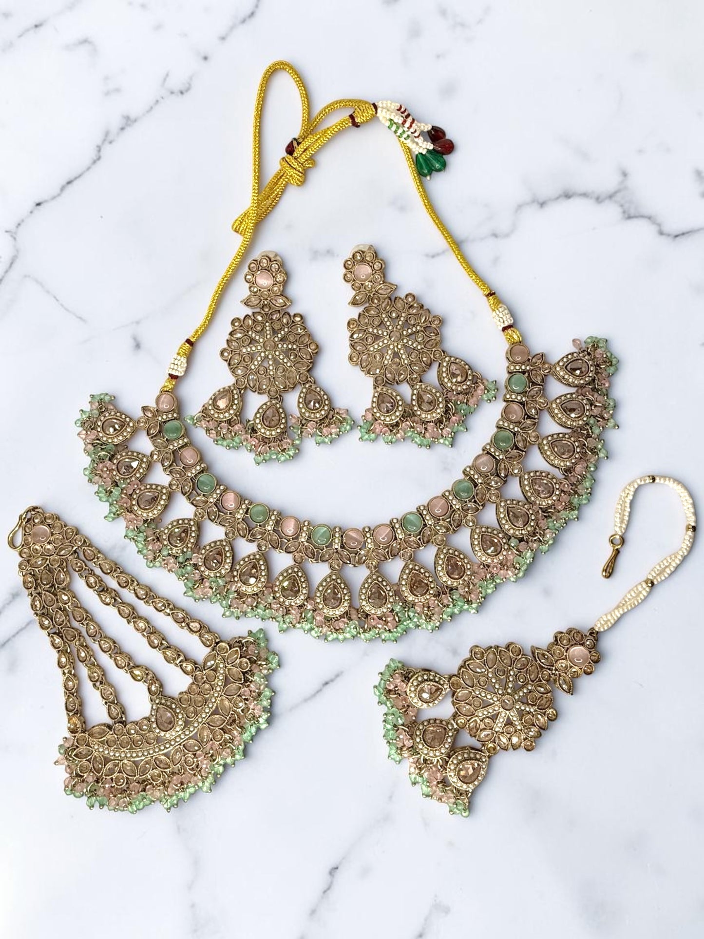 Maram مرام Polki Bridal Set in Mint and Pink
