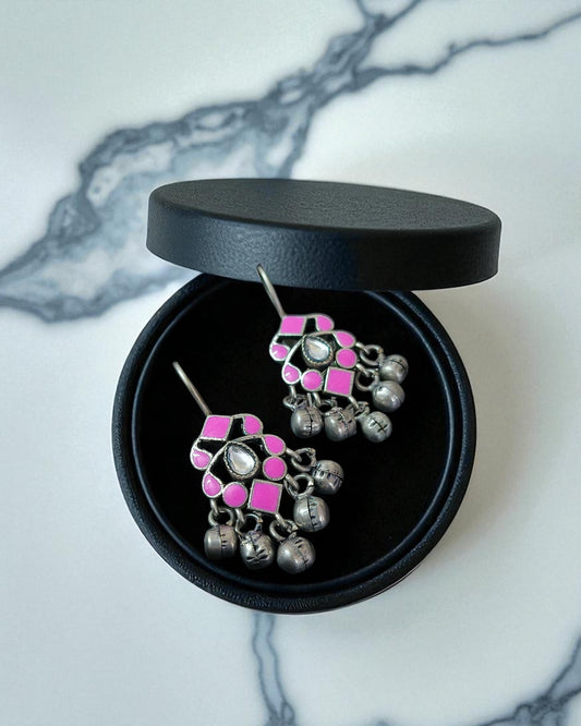 Ishani इशानी Meenakari Kundan Oxidized Earrings in Pink