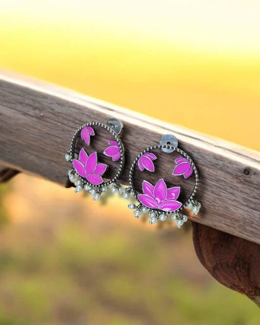 Lotus कमल Hand-Painted Oxidized Earrings in Pink