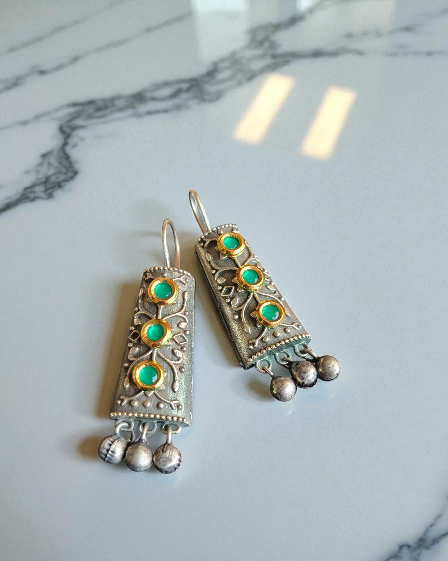 Navya नव्या Dual Tone Silver Plated Oxidized Earrings in Green