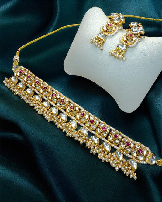 Ranya رانية Paachi Kundan Choker Set in Ruby - 22k Gold Plated