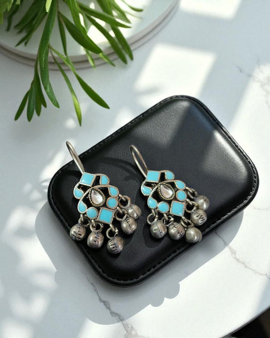 Ishani इशानी Meenakari Kundan Oxidized Earrings in Sky Blue