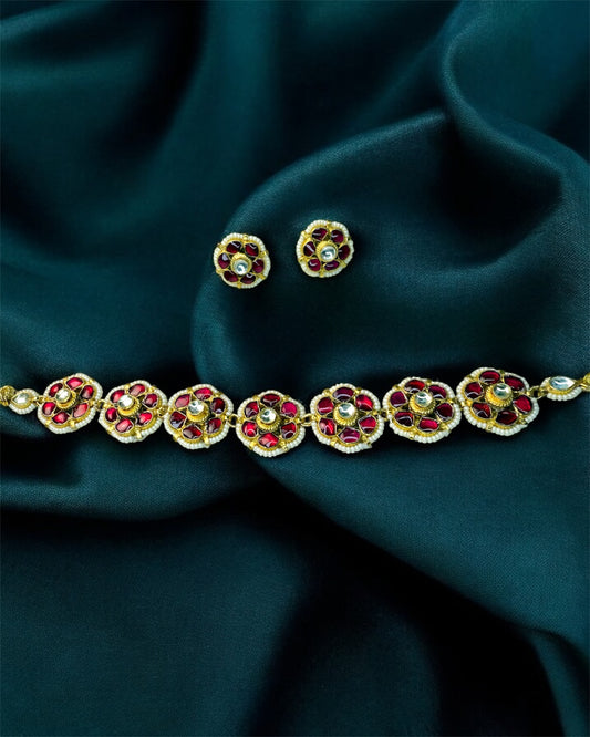 Zahra زهرة Ruby Paachi Kundan Choker or Necklace Set - 22k Gold Plated