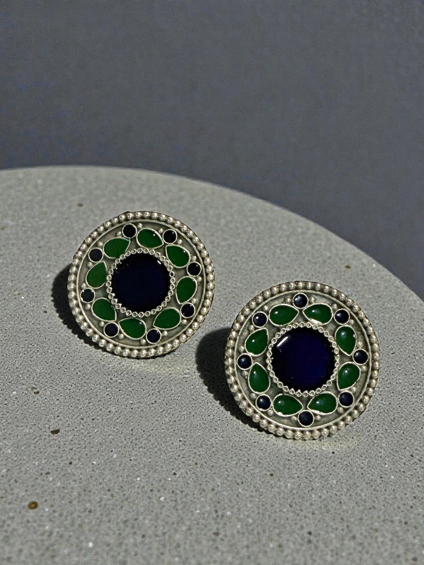 Duha ضحى Silver Plated Studs in Green and Blue