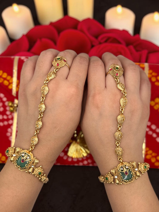 Medini मेदिनी Heritage Hand Chain Pair in Gold with Adjustable Ring and Bracelet
