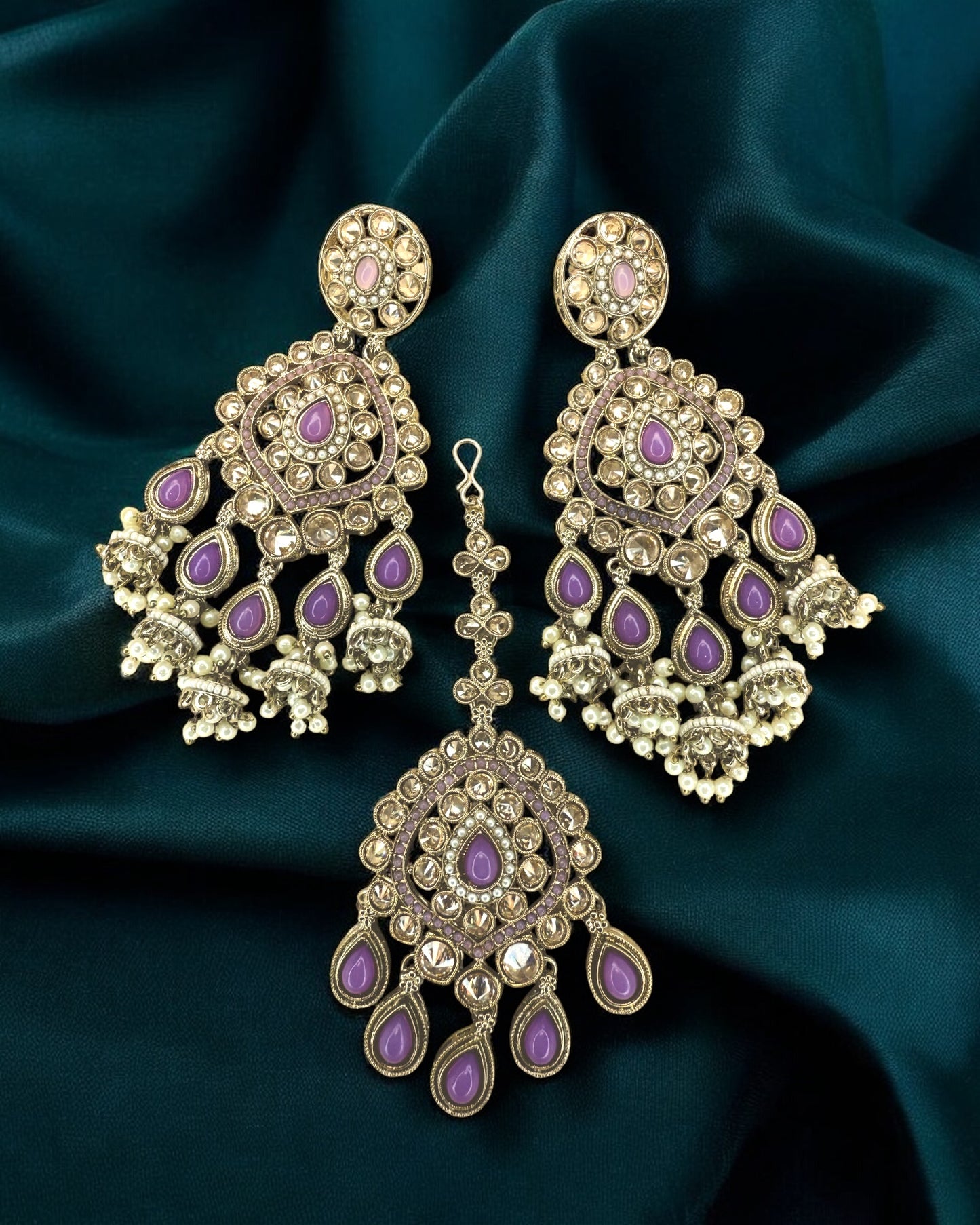 Rabab رَبَاب Polki Earring & Tika Set in Lavender