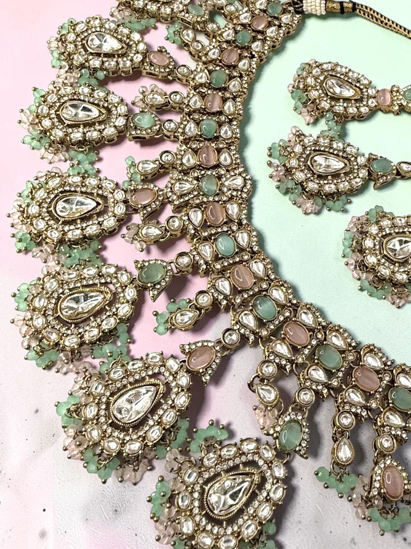 Sharanya शरण्या Kundan Bridal Set in Mint and Pink