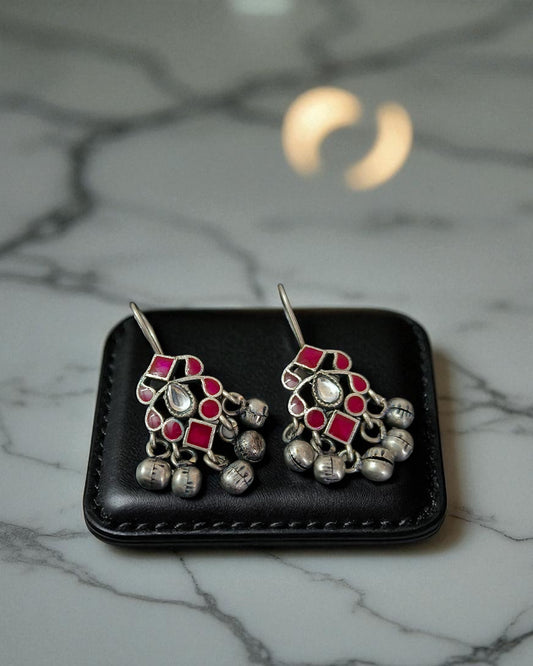 Ishani इशानी Meenakari Kundan Oxidized Earrings in Hot Pink