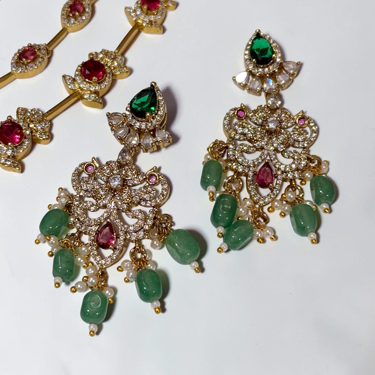 Jia जिया Victorian Layered Mala Set in Green, Red, and Gold