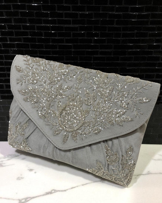 Jawhara جوهرة Beaded Velvet Bag in Grey