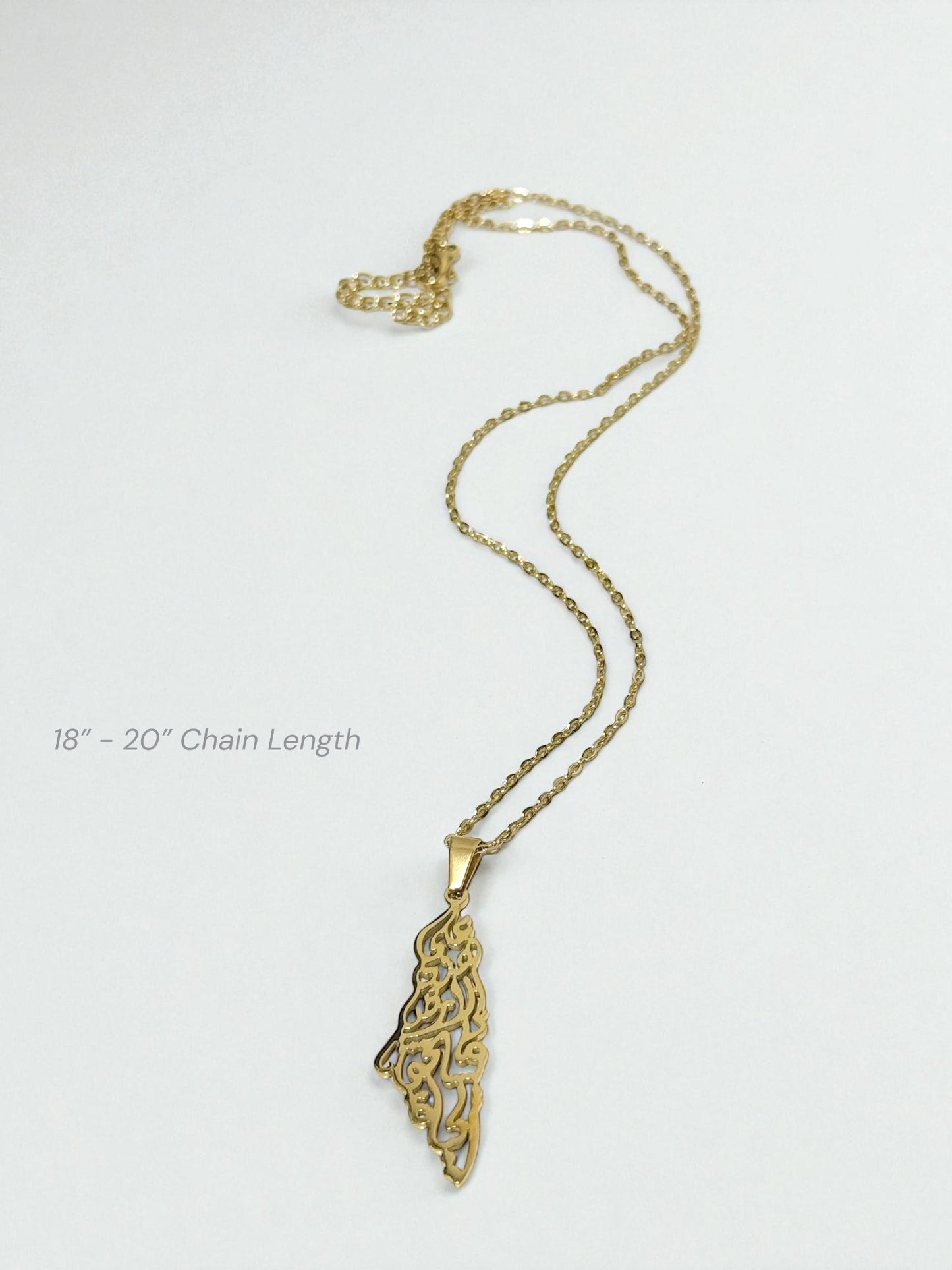 Palestine Map Necklace with “Palestine” in Arabic Calligraphy in Gold - Stainless Steel - Palestine Collection