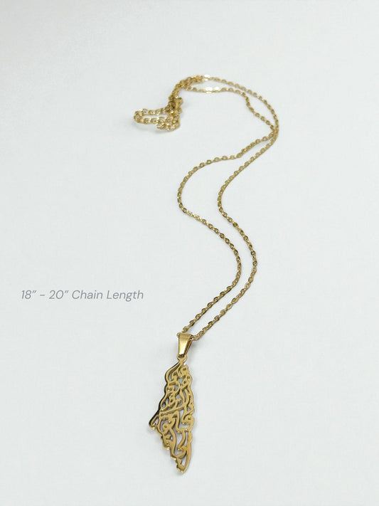 Palestine Map Necklace with “Palestine” in Arabic Calligraphy in Gold - Stainless Steel - Palestine Collection