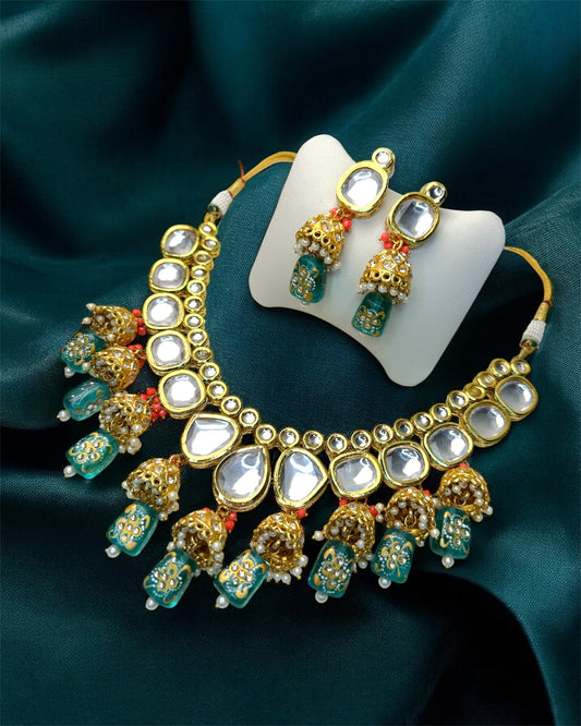 Shahbanoo شهبانو Kundan Set in Teal & Orange