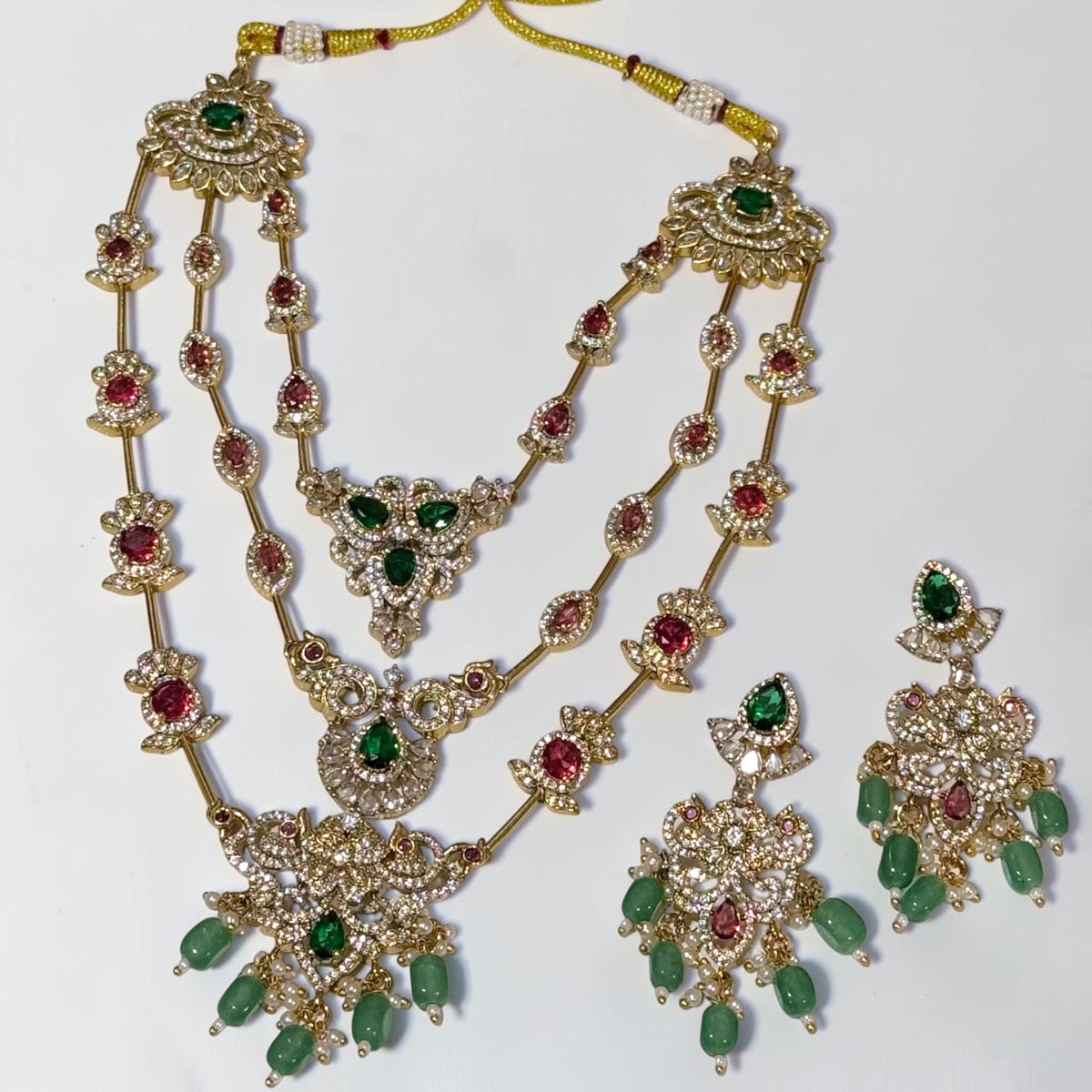 Jia जिया Victorian Layered Mala Set in Green, Red, and Gold