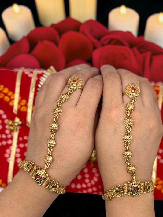 Kriya क्रिया Heritage Hand Chain Pair in Gold with Adjustable Ring and Bracelet