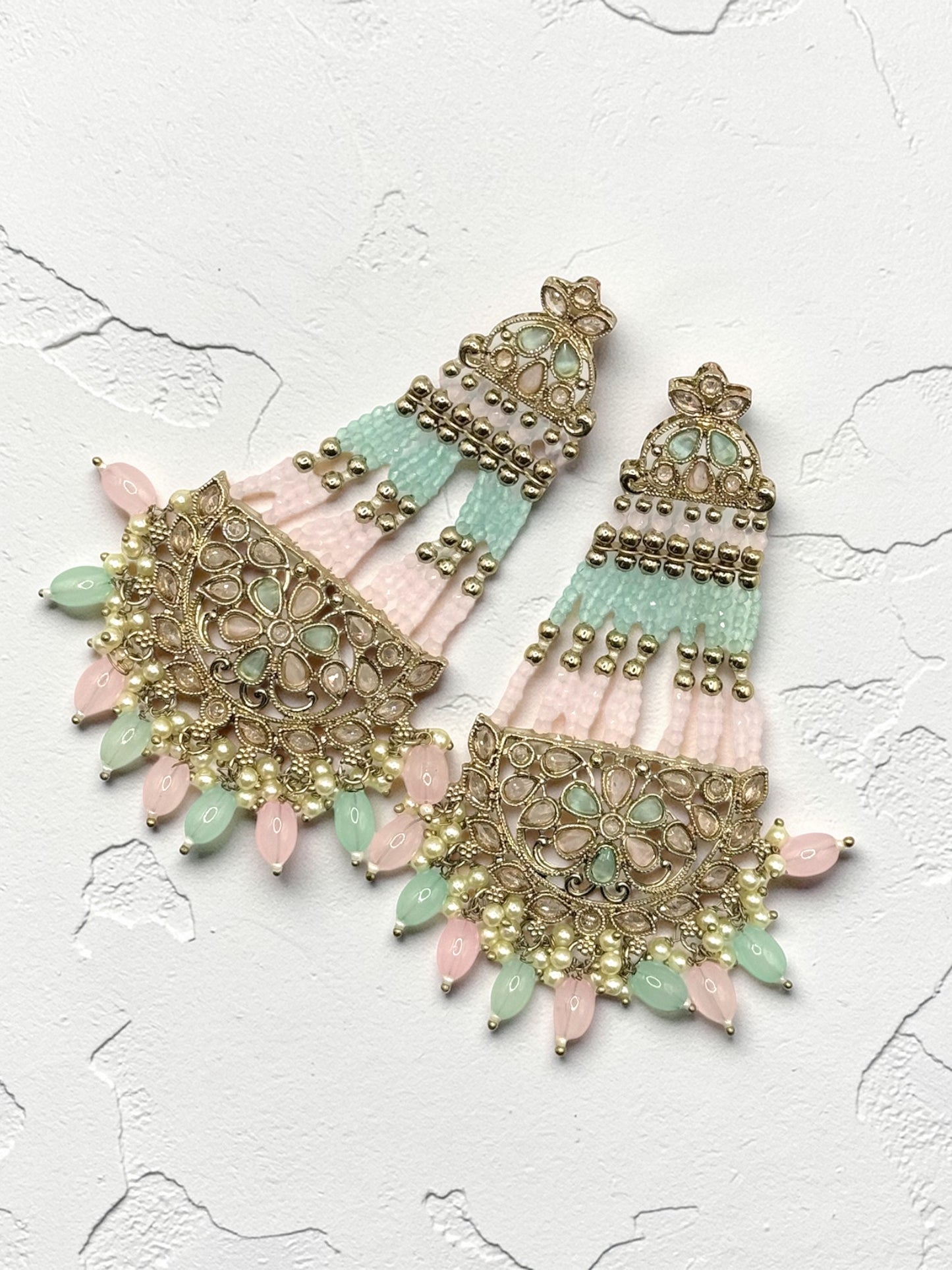 Chandni चांदनी Polki Earrings in Pastel Pink and Mint