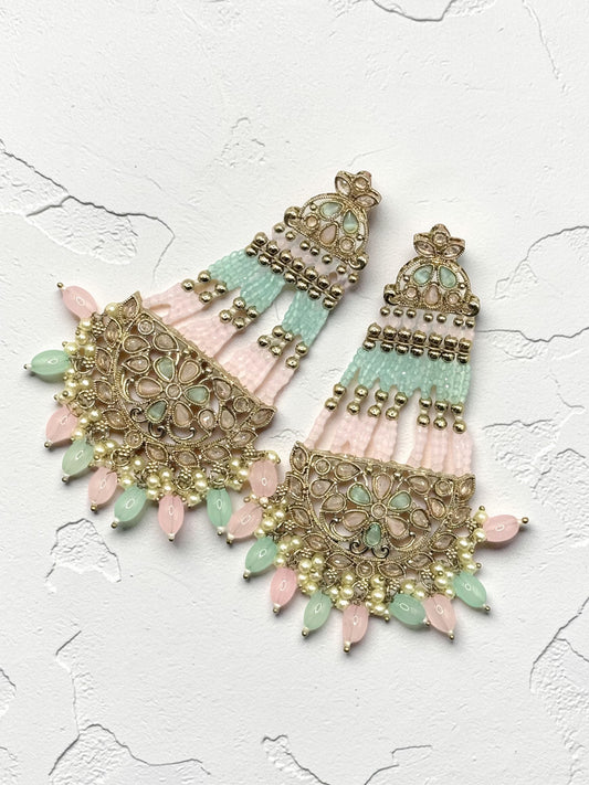Chandni चांदनी Polki Earrings in Pastel Pink and Mint