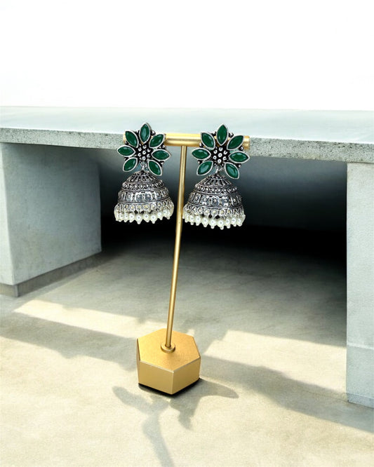 Charul चारुल Small Silver Plated Jhumkay in Green