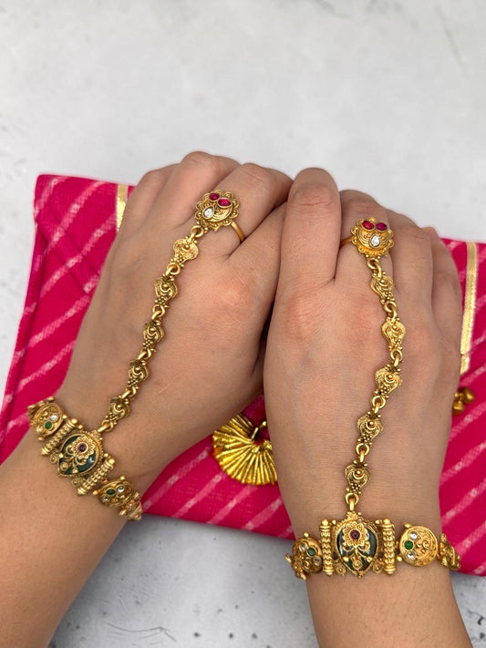 Prarthana प्रार्थना Heritage Hand Chain Pair in Gold with Adjustable Ring and Bracelet
