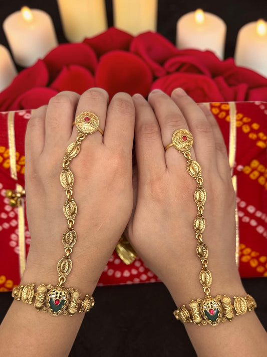 Kumari कुमारी Heritage Hand Chain Pair in Gold with Adjustable Ring and Bracelet