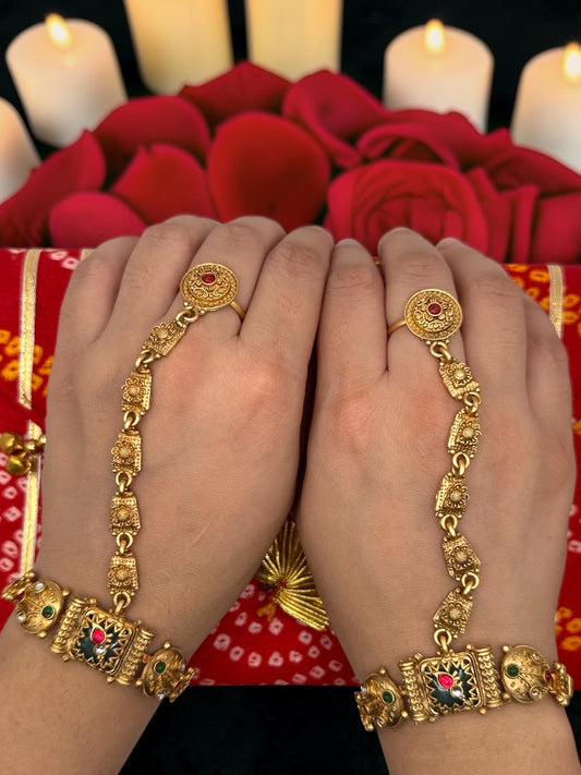 Elina एलिना Heritage Hand Chain Pair in Gold with Adjustable Ring and Bracelet