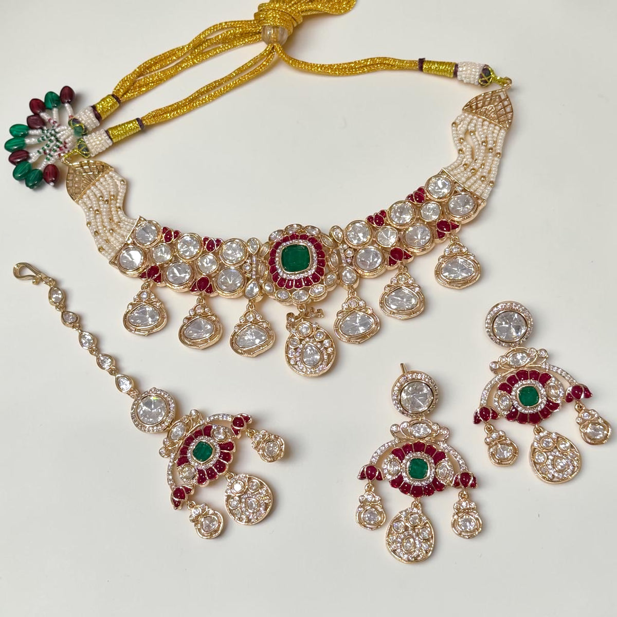 Anju अंजू Moissanite Choker Set in Green, Ruby, and Gold