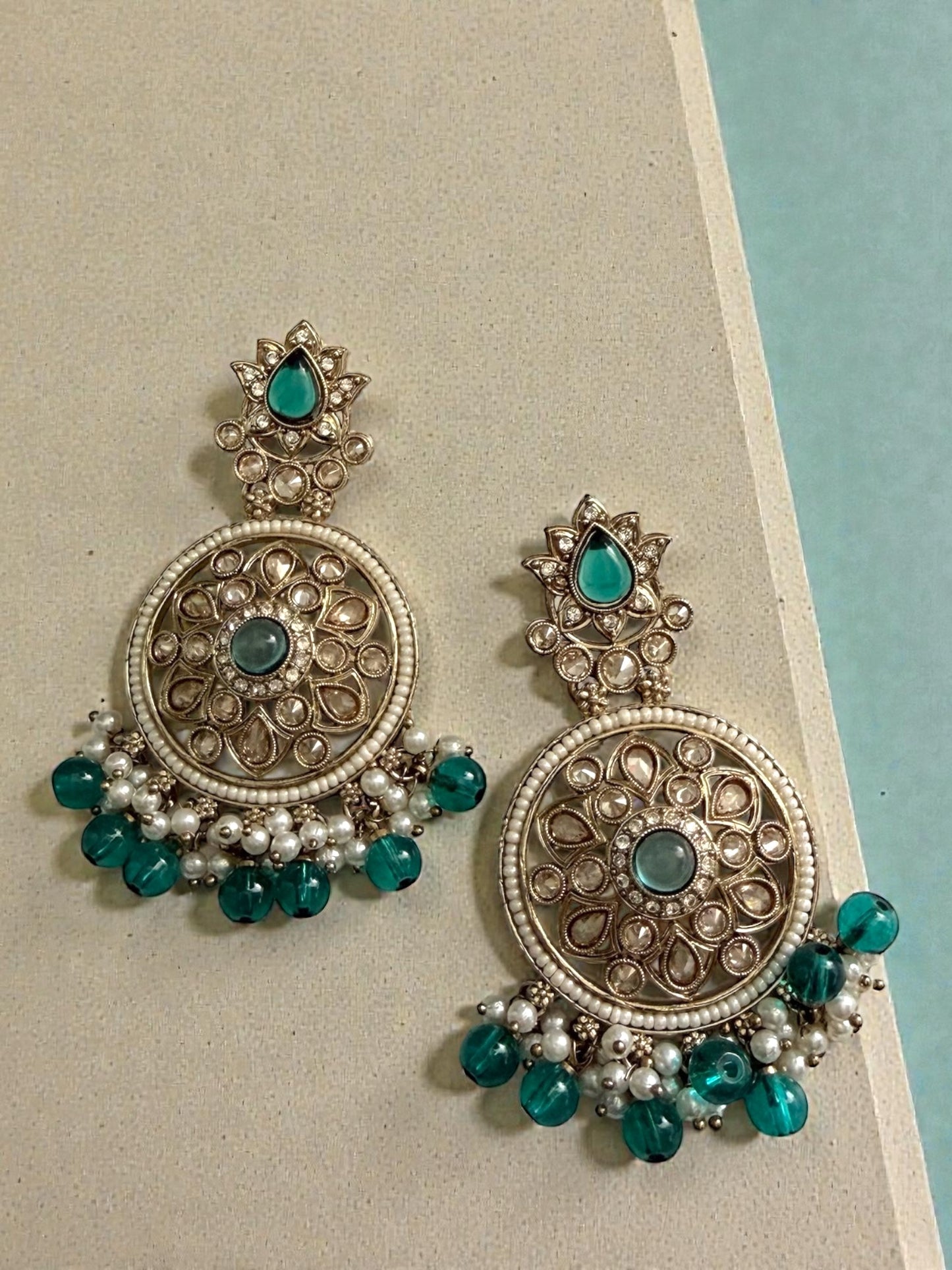 Aamina آمنة Polki Earrings in Teal